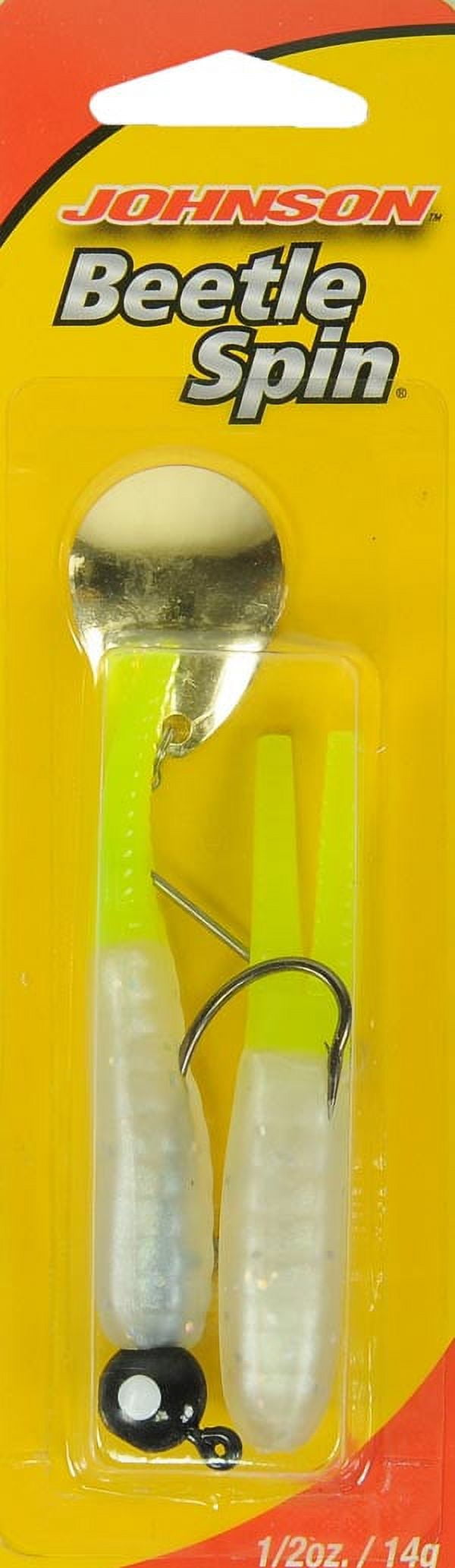 (5 pack) Johnson Original Beetle Spin Fishing Lure, Pearl Holo/Chartreuse, 3 in