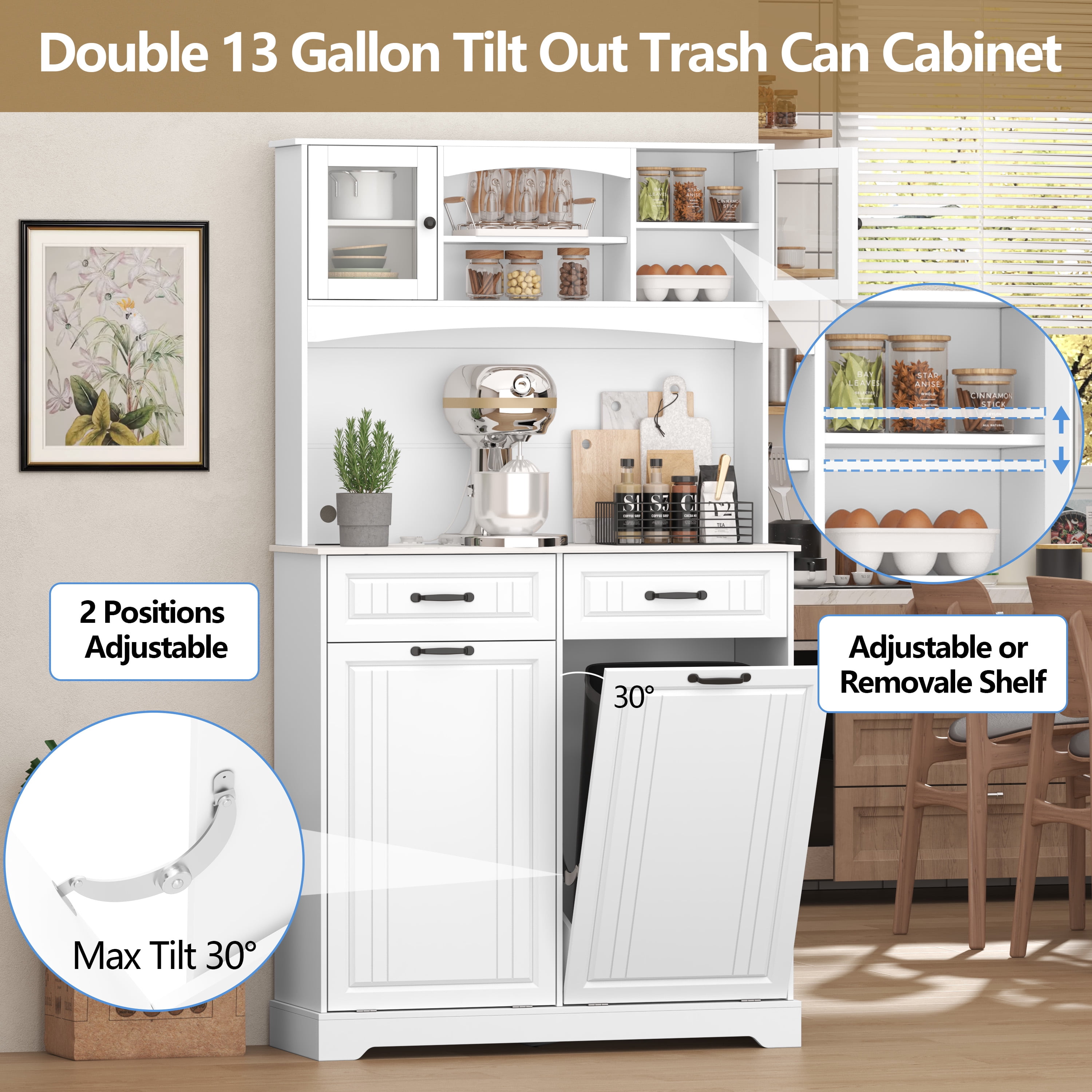 Double 13 Gallon Tilt Out Trash Can Cabinet with Deodorizing Function and Power Outlet, 71" Tall Wooden Garbage Can Holder Cabinet with 2 Storage Hutch & 2 Drawers for Kitchen and Dining Room, White