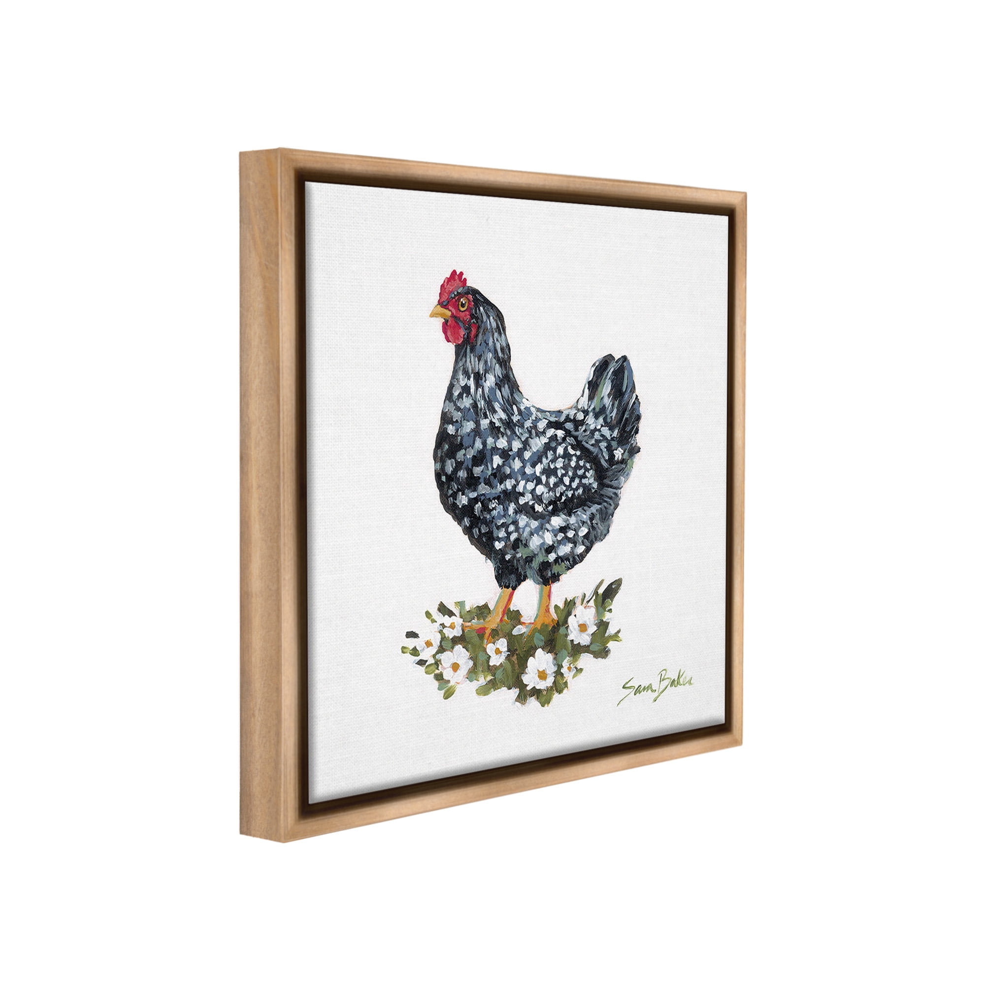 Stupell Industries Country Hen with Daisies Animals & Insects Painting Brown Floater Framed Canvas Art Print Wall Art, 18 x 18