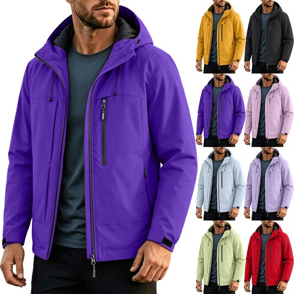 Winter Jackets for Men Waterproof Hooded Solid Color Long Sleeve Workwear Jacket Warm Drawstring Multi Zipper Pockets Outerwear Casual Windbreaker For Work
