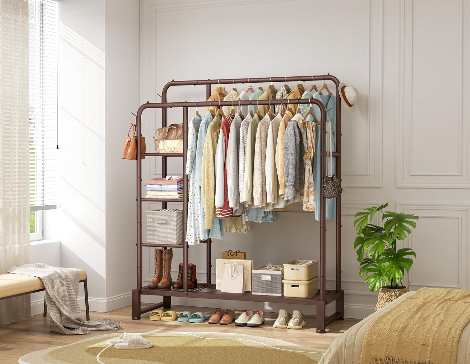 Double Rods Clothes Rack Clothing Rack with  Storage Shelves Clothes Rack for Hanging Clothes Multifunctional Heavy Duty Clothes Organizer with Hooks for Bedroom,Wardrobe Closet,Shop