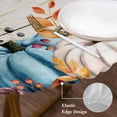 thumbnail image 3 of Orange Blue Fall Round Tablecloth, Fitted Table Cover with Elastic for 55"-60" Round Tables, Pumpkins Retro Botanical Thanksgiving Table Cloth Outdoor Indoor Dinning Party Waterproof Tablecloths, 3 of 7