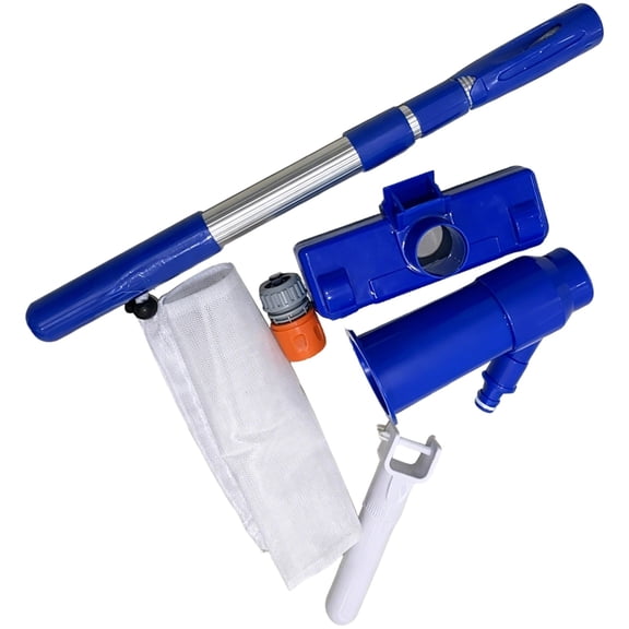 Pool Vacuum Cleaner with Telescopic Pole, Manual Jet Pool Cleaning Kit with Brush, Above Ground Pool Vacuum Head with Mesh Bag & Wheels, Aluminum 3-Section Pole Extends to 35.4 in / 90 cm