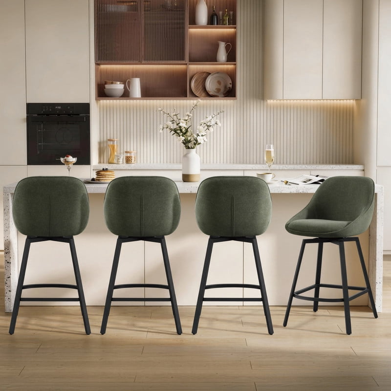 Spruce & Spring Modern Upholstered Bar Stool with Back, Metal Frame Counter Height Stool with Footrest for Kitchen Island Dining, Boucle Fabric, Set of 2, Green