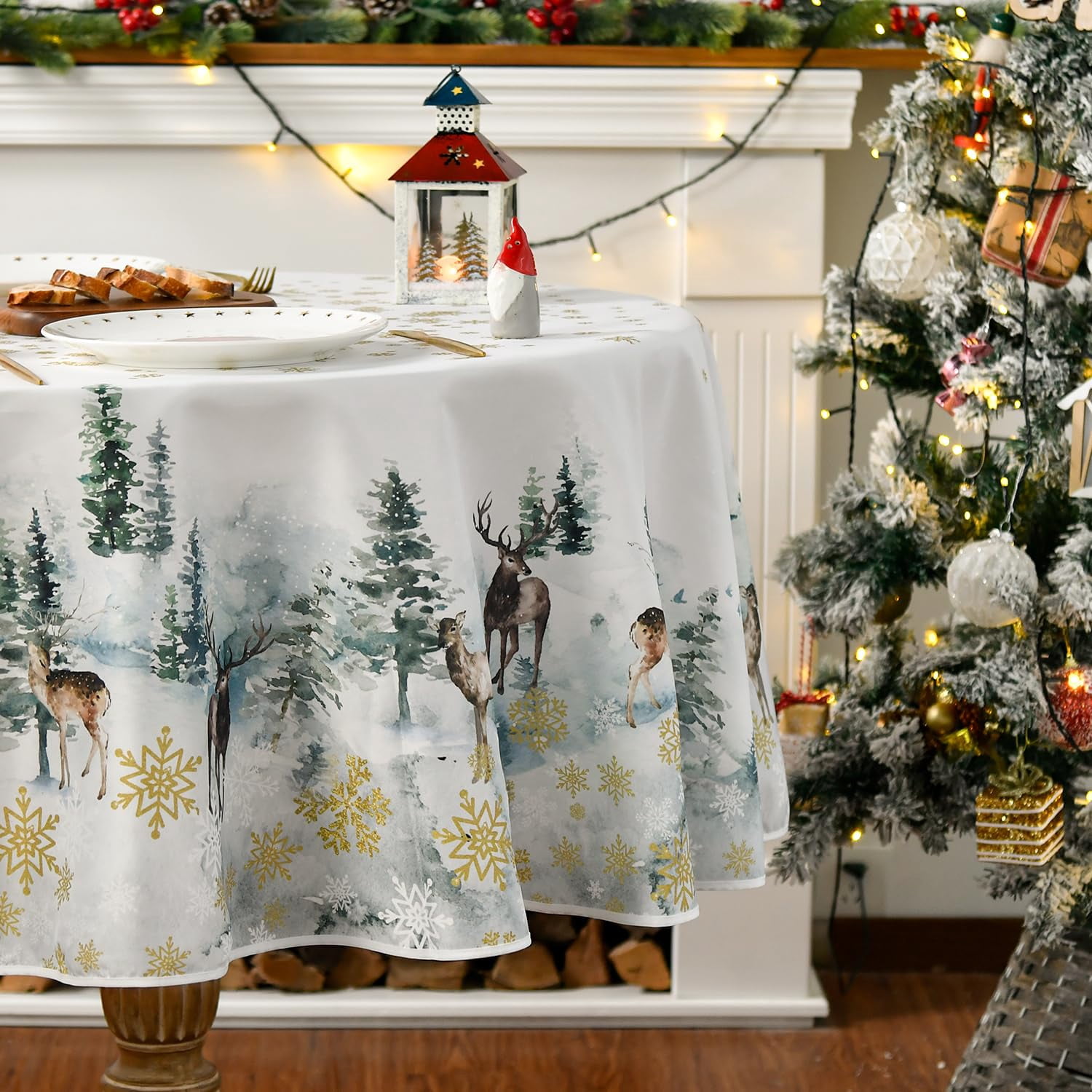 Sm:)e Winter Table Cloth with Deer 60 Inch Round