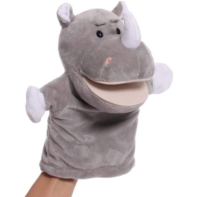 Marionetas de mano de rinoceronte de boca abierta, juguetes de animales de peluche para juego de imaginación imaginativo, narración de medias oso de fresa Juguete