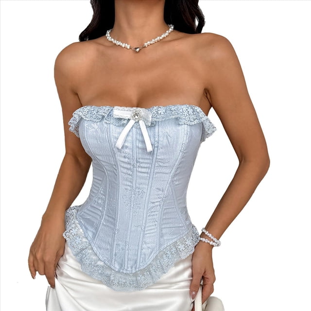 Tops Tipo Bustier para Mujer, Top de Encaje con Lazo y Moldeador de Cintura Azul S