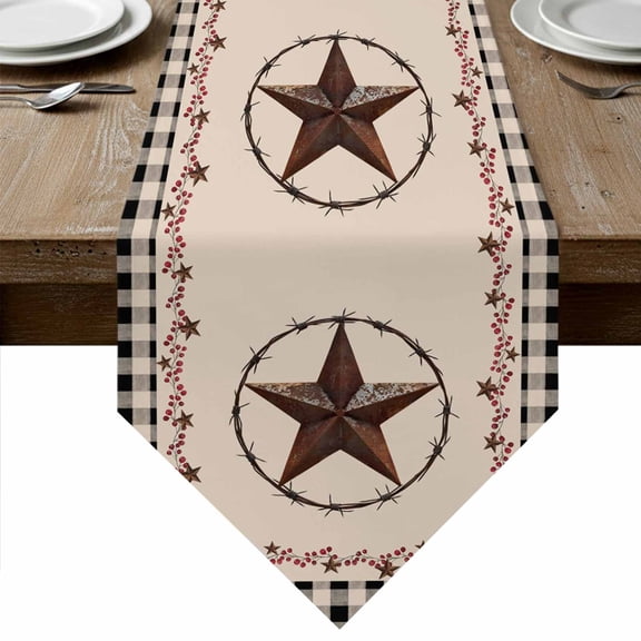 Table Runners 48 Inches Long, Star Country Cotton Linen Kitchen Dining Coffee Table Runner for Party Home Decor, Western Texas Farm Black Plaid Brown Berry Tabletop Dresser Scarves 13x48 Inch