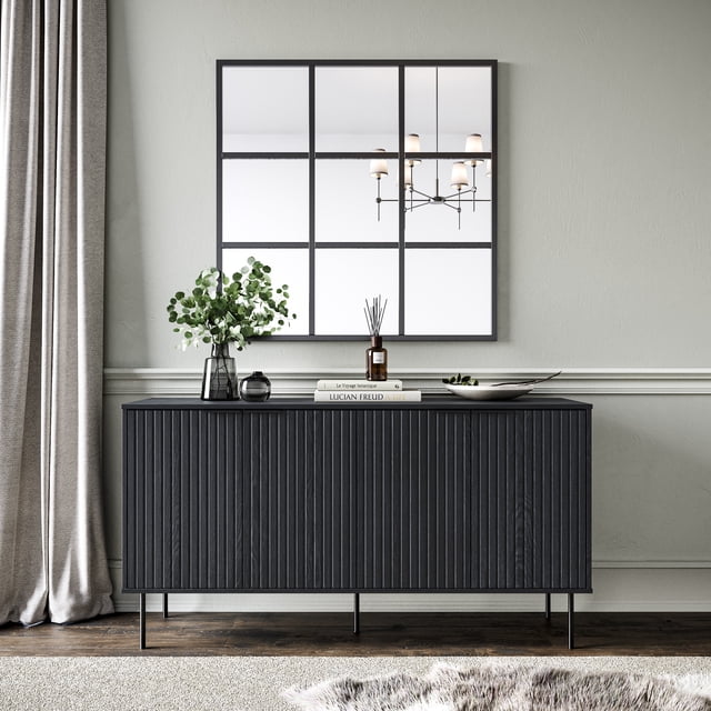 CorLiving Lysander Engineered Wood Fluted Sideboard with 4 Doors and 4 Shelves, Black