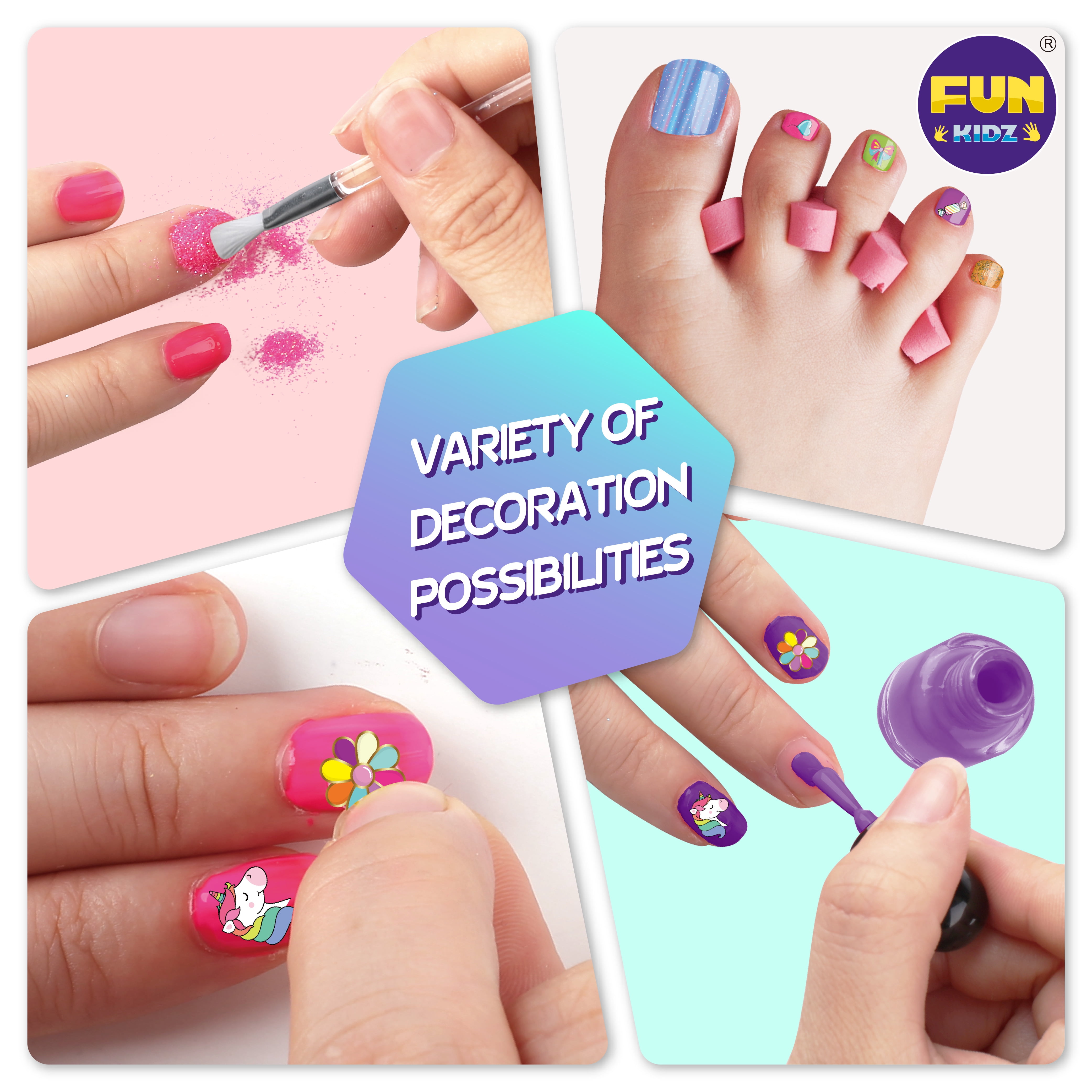 Unicorn Nail Art Set for Girls, Funkidz Ultimate 790+ Pieces Glamour Party Nail Kit for Kids with Peelable Nail Polish Glitter Nail Stickers Crystals Coating for Fashion Nail Designs