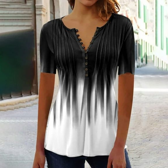 Black Women's Short Sleeve T-shirt, Women'S Summer New Chest Button Pleated Casual Short Sleeved T Shirt Women'S Top,Women's Short sleeve T-shirt L