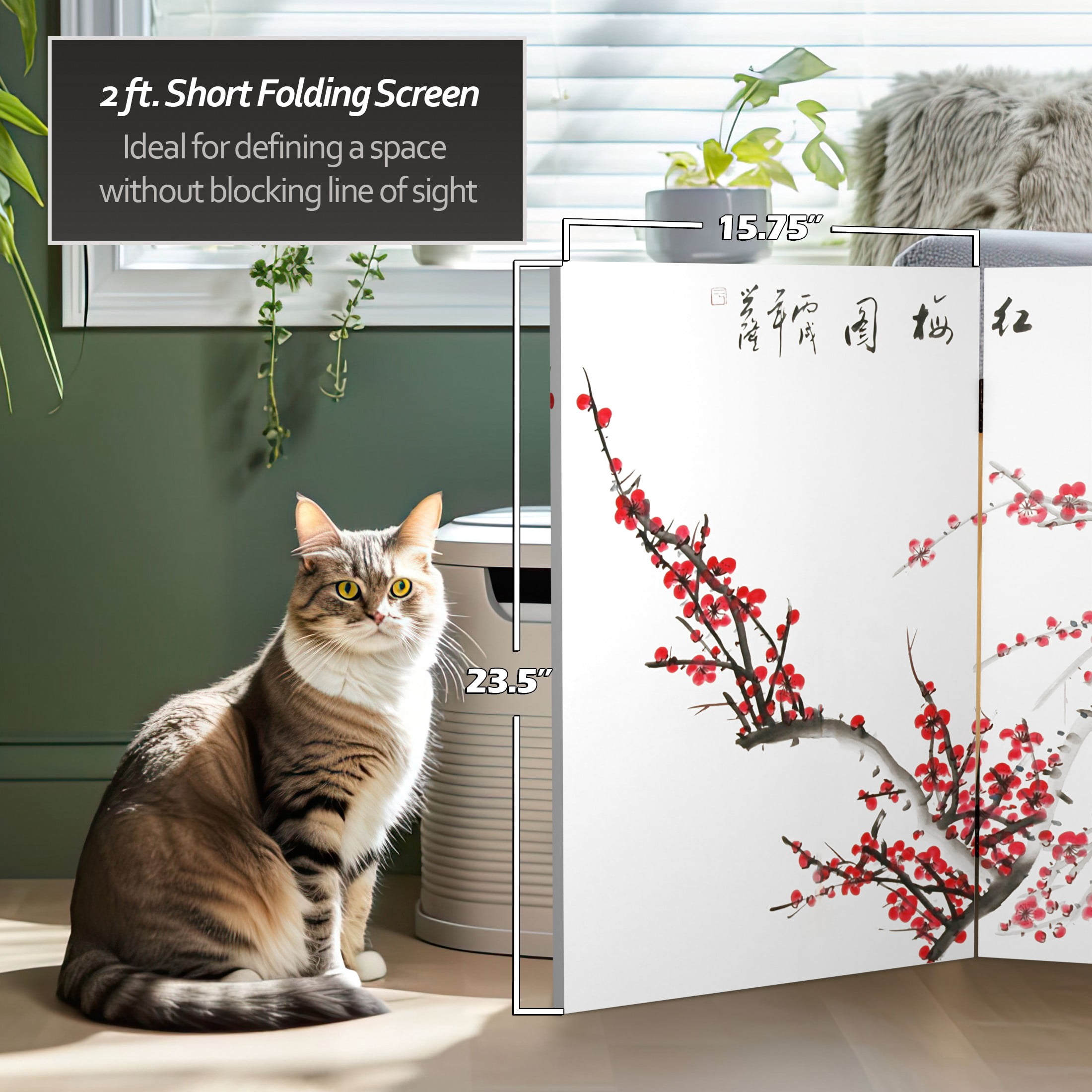 2 ft. Short Double Sided Plum Blossom Canvas Folding Screen