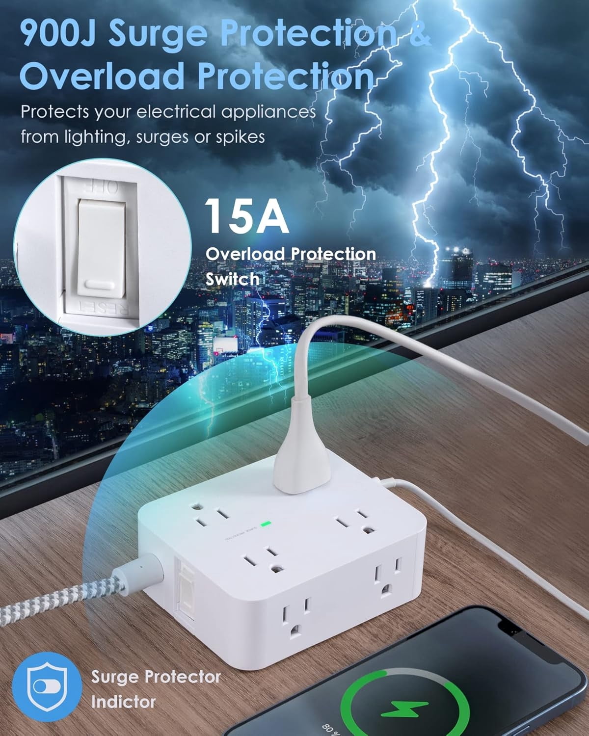AllWays Plaza Extension Cord 20 Ft, Power Strip Surge Protector with 8 Outlets 4 USB Ports(2 USB C), Long Cord, Flat Plug, Wall Mount, Desk USB Charging Station for Home Office Essentials