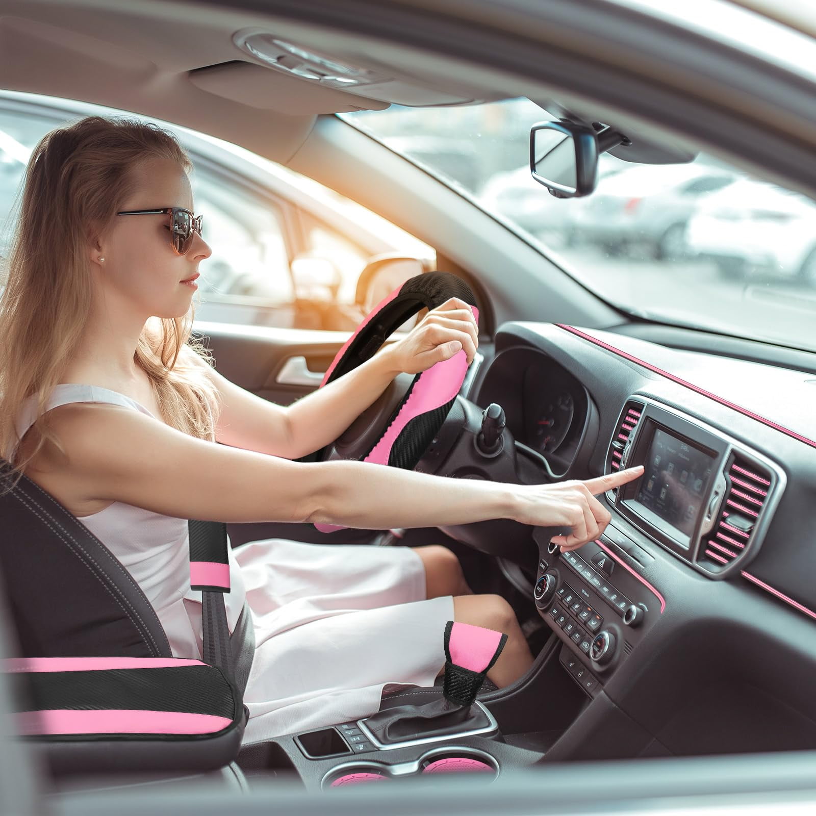 30Pcs Car Interior Accessories Set PU Leather Carbon Fiber Pattern Steering Wheel Cover for Women and Men with Armrest Pad Seat Belt Covers Cup Coasters Vent Trim strips, Pink
