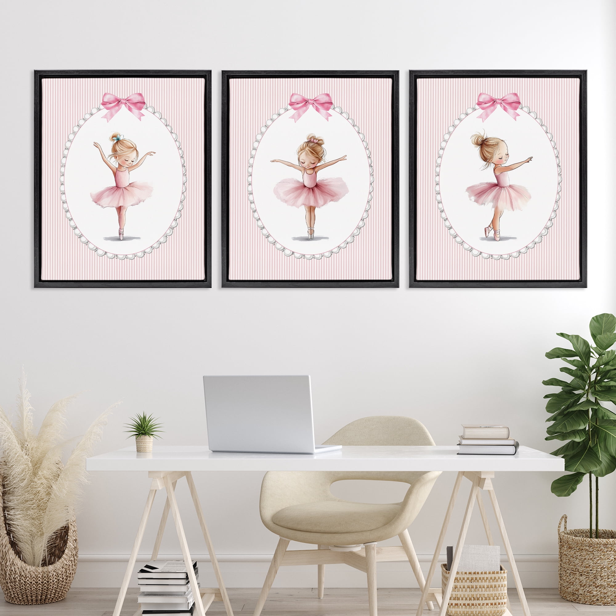 Stupell Industries Dancing Ballerinas in Pink 3 Piece Black Framed Floater Canvas Set, design by Christine Simpson Art