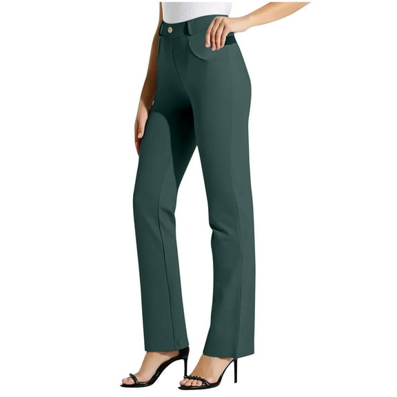 aohooy Women's Bootcut Yoga Pants Wide Leg High Waisted Stretch Dress Pant Work Office Business Casual Button Slacks with Pockets Army Green,M
