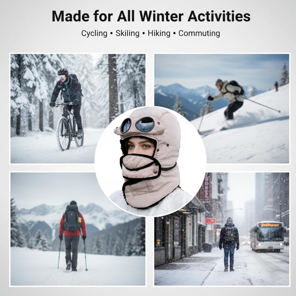 Winter Thermal Hat with Glasses, Winter Pilot Hat Trapper Hats, Beanie with Goggles, Cycling Windproof Ski Mask Cap