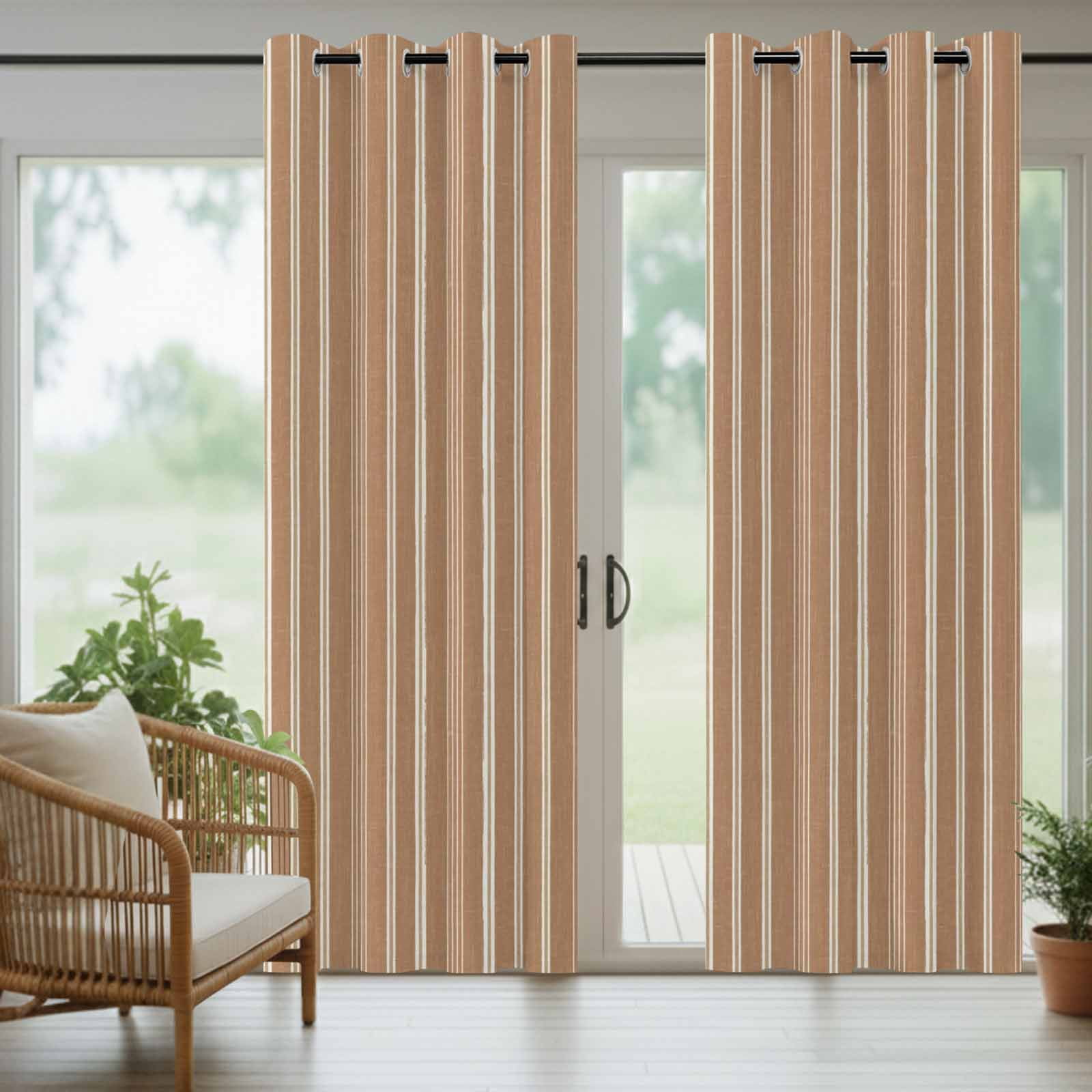 Brown Striped Outdoor Curtains for Patio, Minimalism Stripes Modern Vintage Farmhouse Abstract Sunshade Privacy Drapes Grommet Waterproof Outside Curtains for Porch/Cabana/Balcony 54"x 108", 1 Panel