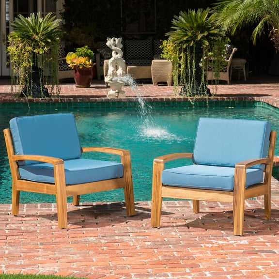 Wilcox Outdoor Wooden Club Chairs with Cushions, Set of 2, Teak Finish, Blue