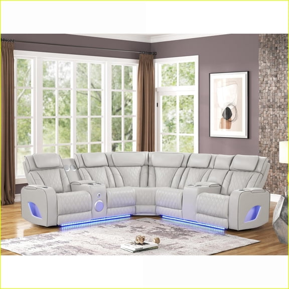 Modern Power Recliner Sectional with Massage, Bluetooth Speakers & LED Lights | Beige Faux Leather