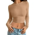 thumbnail image 1 of MIASHUI T-Shirt à Manches Longues Court Ajusté Col Rond Uni pour Femmes Couche de Base Supérieure Kaki,TTG, 1 of 4