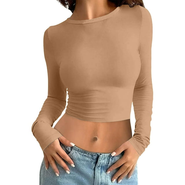 MIASHUI T-Shirt à Manches Longues Court Ajusté Col Rond Uni pour Femmes Couche de Base Supérieure Kaki,TTG