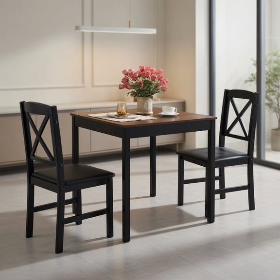 Spaco Brown 3-Piece Wooden Square Kitchen Table Set for 2, Compact Dining Set for Small Apartment Breakfast Nook, Sturdy Frame Comfortable Chairs