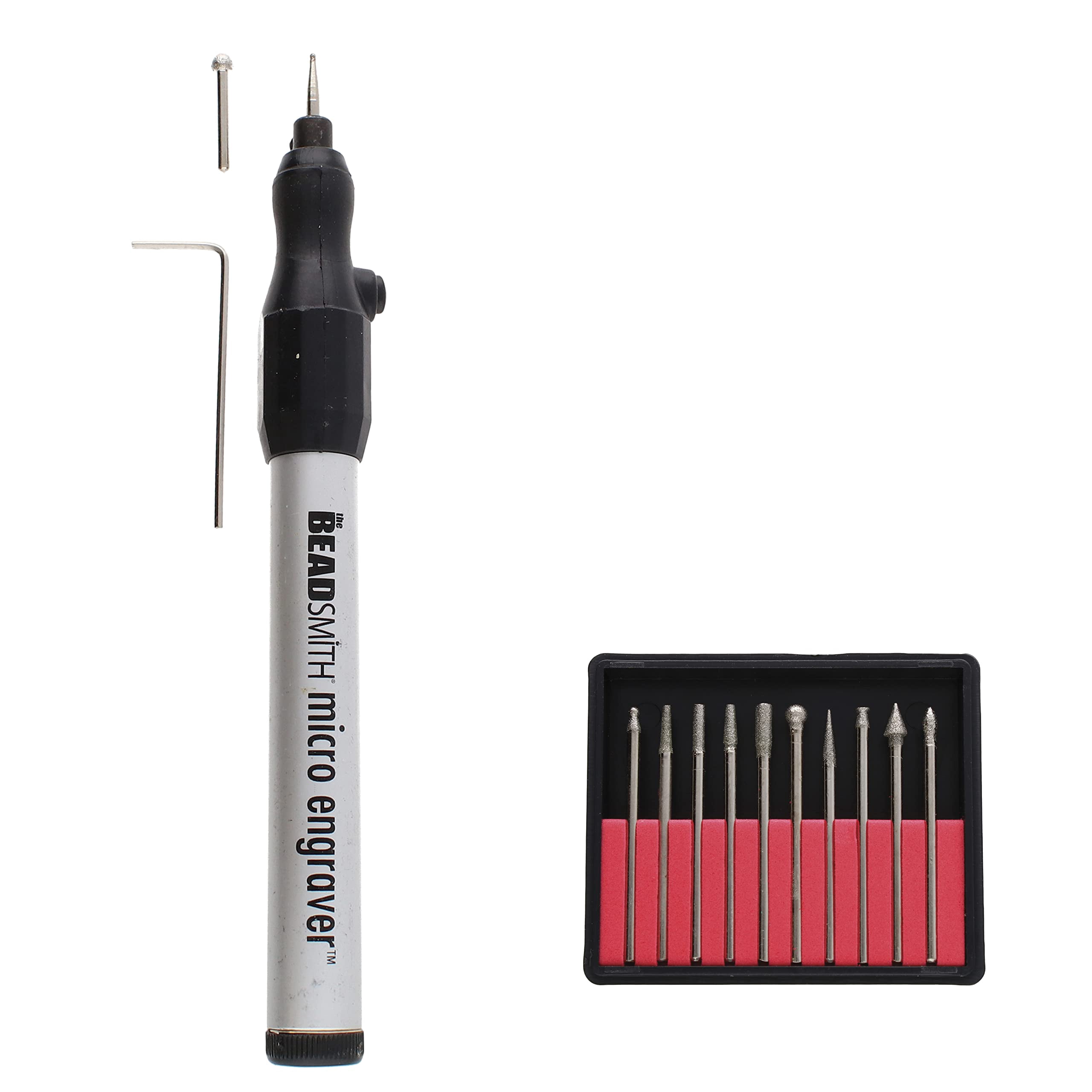 The Beadsmith Engraver Set - Battery Operated Micro Engraver & 2 Round Diamond-Tip Bits – 10-Piece Diamond Tip Bits – Ideal for Engraving, Polishing & Sanding on Metal, Glass, Wood, Ceramics & More