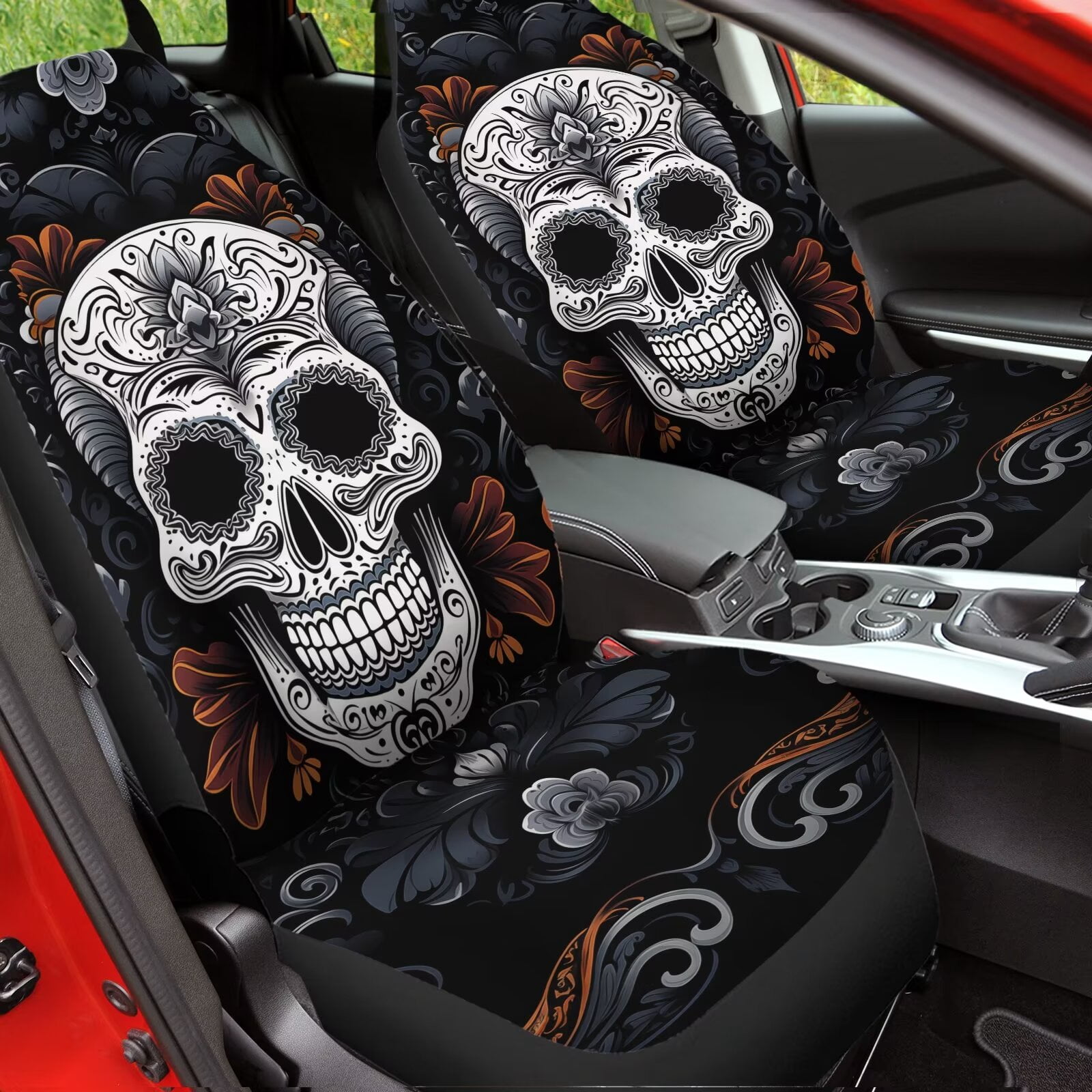 Uourmeti Universal 2pcs Front Seat Cover, Bohemian Sugar Skull Print Durable Car Seat Protector, Vehicle Seat Protector for Auto Sedan SUV Truck Auto Accessories