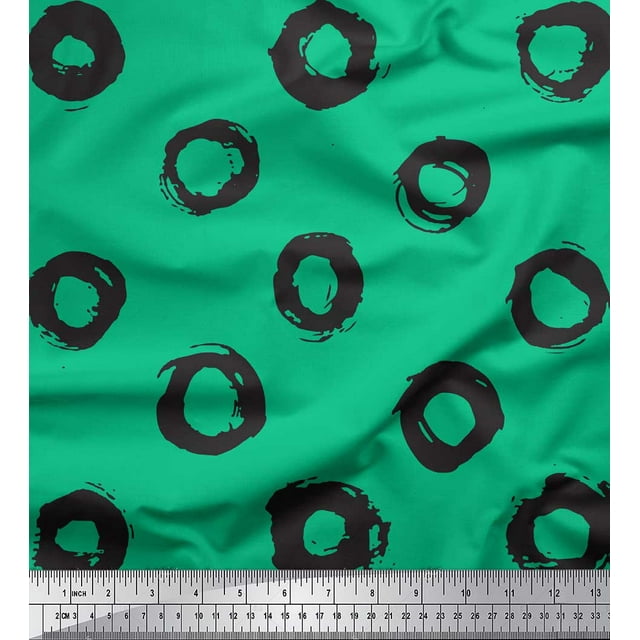 Soimoi Green Silk Fabric Line & Circle Geometric Print Sewing Fabric Yard 42 Inch Wide
