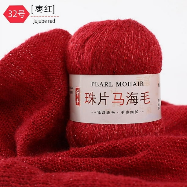 Zhuge Hilo de mohair fino de 50 g con lentejuelas para tejer a ganchillo, hilo de lana de encaje suave y esponjoso, hilo de cuentas para suéteres, chal, rojo oscuro