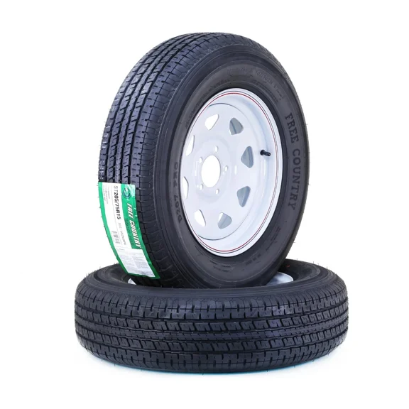 Free Country Trailer Tire Wheel Assembly ST205/75R15 8-Ply D 107M 5 Lug on 4.5" PCD White Spoke Rim ,SET 2