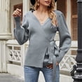 thumbnail image 4 of Prolriy Chandails pour Femmes, Chandail Cache-Cœur Col en V Automne Hiver Manches Ballon Tricoté Côtelé Chandail à Nouer devant Haut Jumper Chandails Femmes Hauts Femmes, 4 of 9