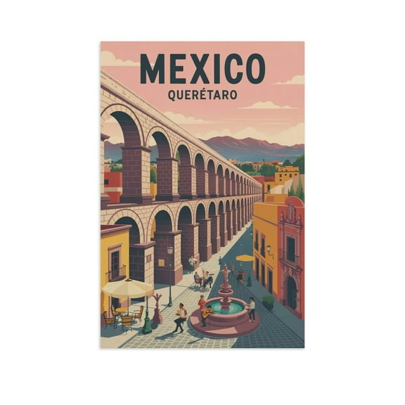 Queretaro Vintage City Travel Poster with Architecture, Music And Colonial Color Canvas Poster