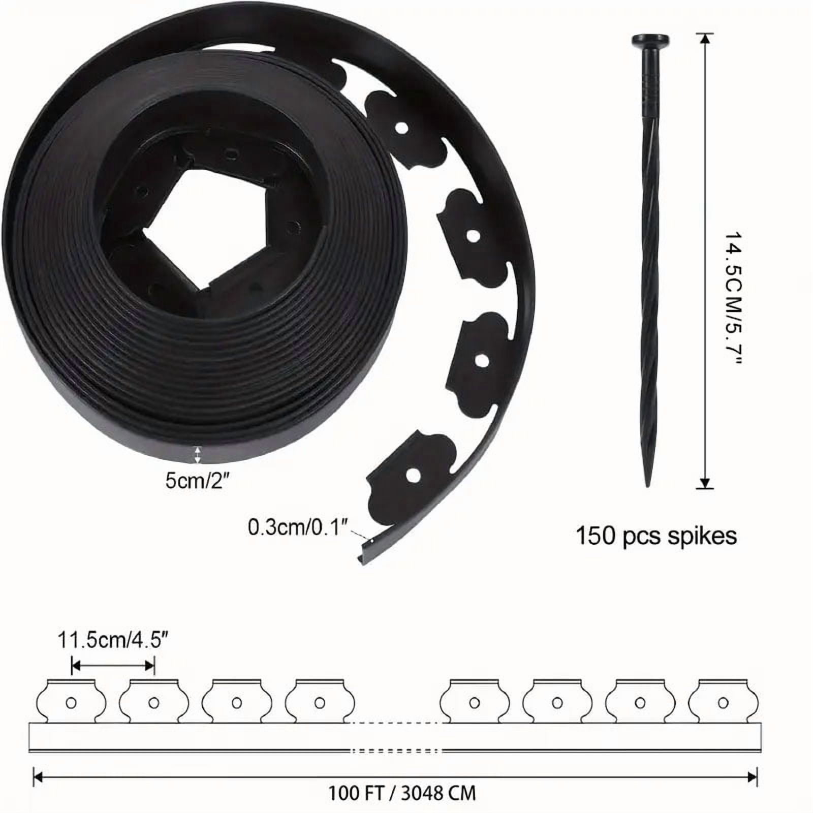 Landscape Edging Border 2 Inch Tall | 100 FT with 150 PCS Spikes, Plastic Lawn Edging for Landscaping, Flower Beds, and Yard - Black