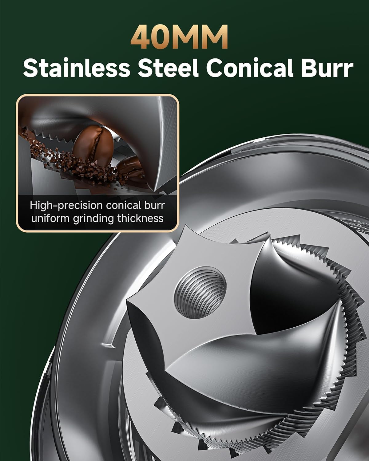 Conical Burr Coffee Grinder with 40mm Stainless Steel, 34 Settings & Anti-Static for Home Espresso