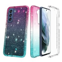for Samsung Galaxy S21 FE Glitter Bling Full Body Built In Screen Protector Case Phone Case PU Shock Bumper Scratch Guard Skin Wrap Slim Cover