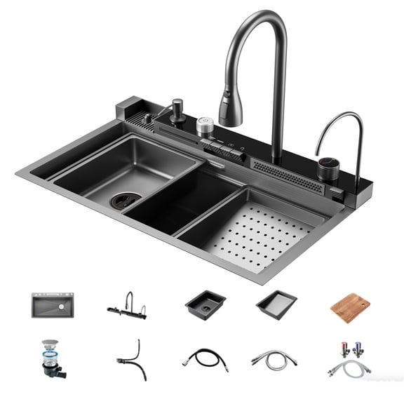Brosntarz 29.5 x 17.7 Inch Nano Black Flying Rain Waterfall Sink Household SinkIntegrated Sink with Pull-Out Tap Set