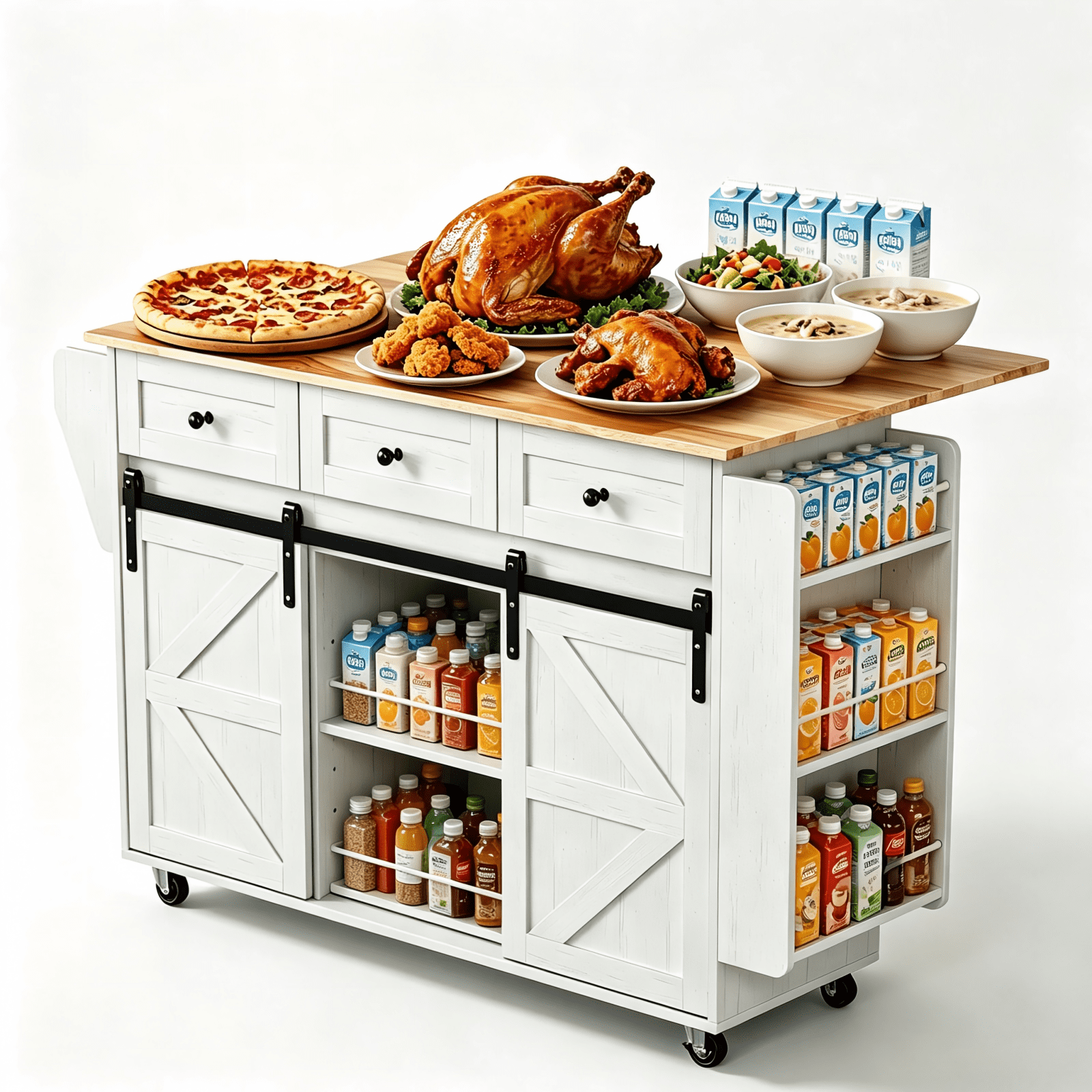 2 Barn Doors with Sliding Rails 3 Drawers 3 Shelves Serving Cart Rubberwood Countertop + MDF Cabinet Dining Cart, 47.24*29.49*35.08in, White