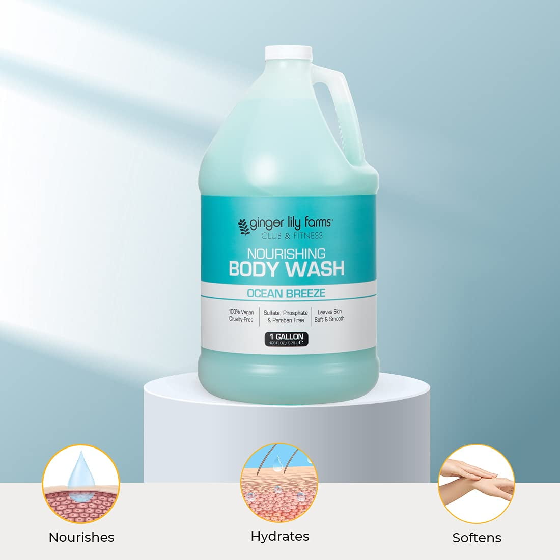 Ginger Lily Farms Club & Fitness Nourishing Body Wash, 100% Vegan & Cruelty-Free, Bath & Shower Gel, Ocean Breeze Scent, 1 Gallon (128 fl oz) Refill