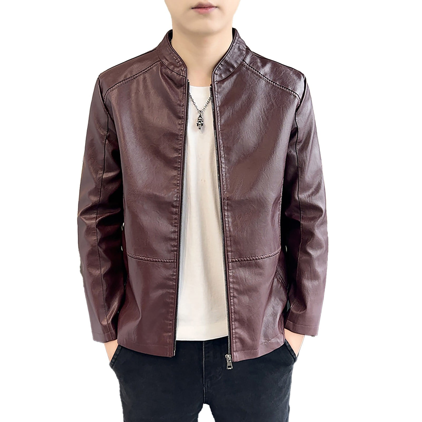 Maoxin Men Leather Jacket Men's Stand Up Collar Business Casual Leather Jacket Zipper Cardigan Jacket Leather Jackets for Men Wine 3XL
