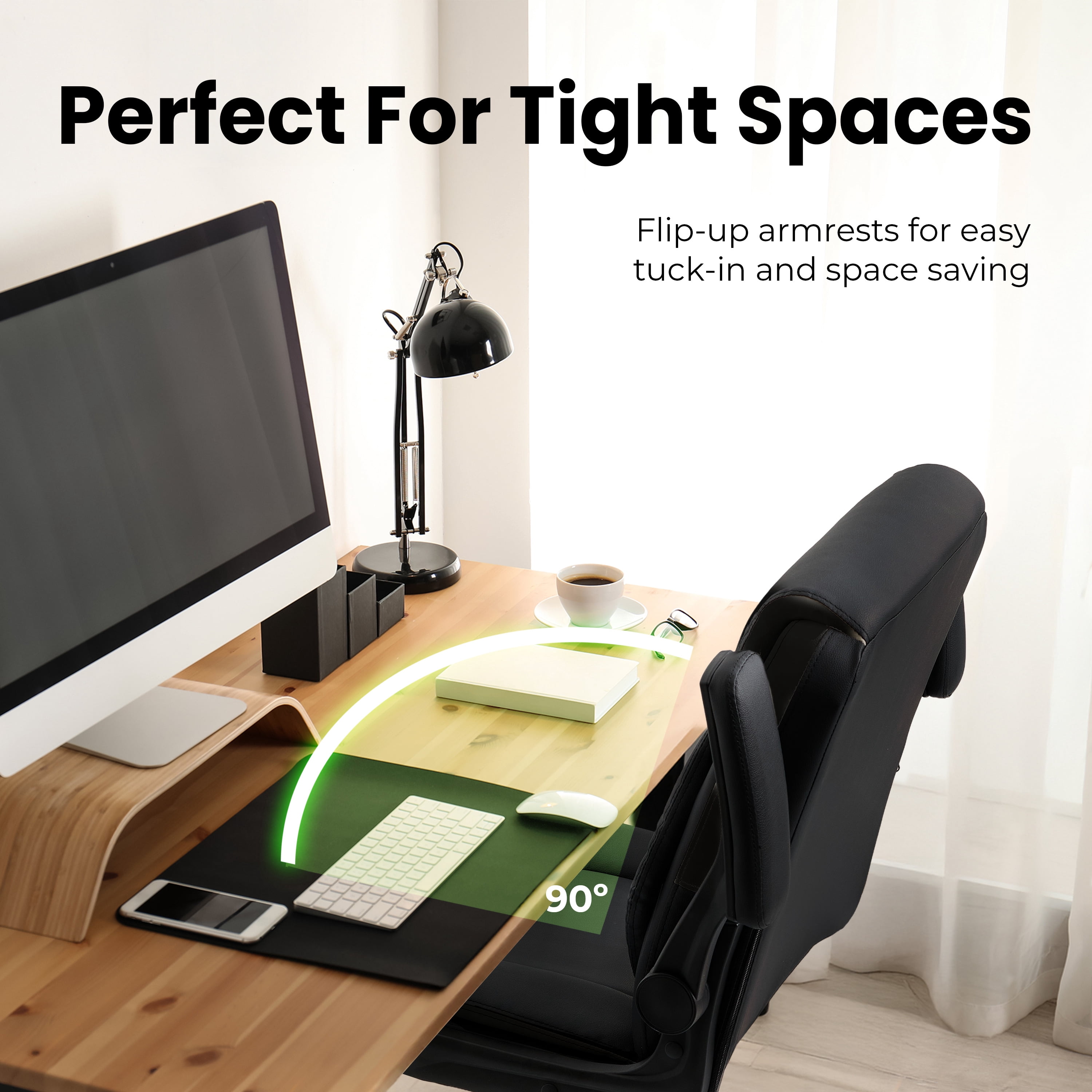 NEO CHAIR Desk Office Gaming Computer Chair Ergonomic Executive Mid-Back Leather with Adjustable Padded Flip-Up Armrests Cushion Wheels Swivel for Home Study Task (All Black)