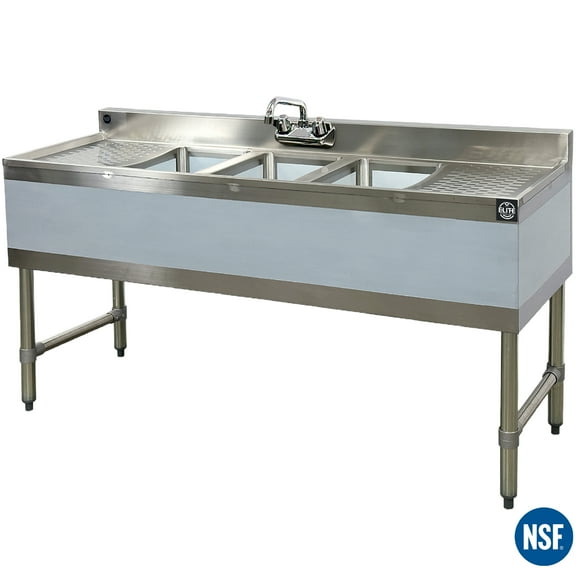 60 in. 3 Compartment Bar Sink with Faucet, NSF Commercial Sink with Drainboard 20 Gauge, Freestanding Stainless Steel Sink