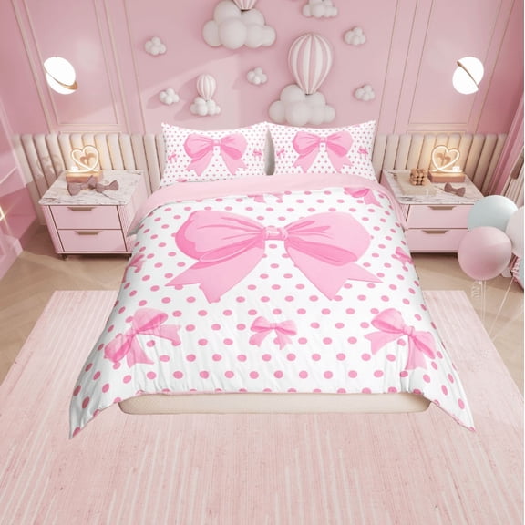 Erosebridal Pink Bow Comforter Cover Twin,Cartoon Polka Dots Bedding Twin Size,Kawaii Bowknot Duvet Cover Twin,Ultra Soft Cute Room Decorative,Reversible,2-Piece(No Comforter)