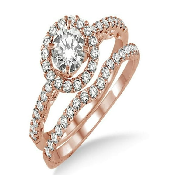 1.00 carat Antique Floral Halo Bridal set with Round Cut diamond in 10k Rose Gold