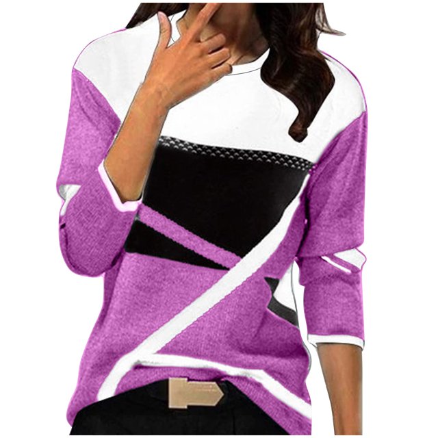 FAIWAD Hauts à Manches Longues pour Femmes à Imprimé Patchwork Géométrique à Blocs de Couleur Col Rond Chandail de Printemps Blouses