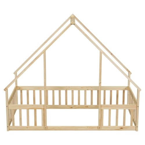 Bellemave Twin Size Floor Bed with House-shaped Roof and Fence Twin Wood House Floor Bed Frame with Guardrails Montessori House Bed, Natural