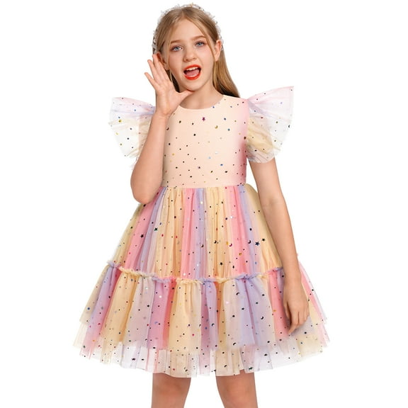 IDOPIP Toddler Kids Girls Sequin Star Tutu Dress Ruffle Sparkle Tulle Wedding Party Princess Dress