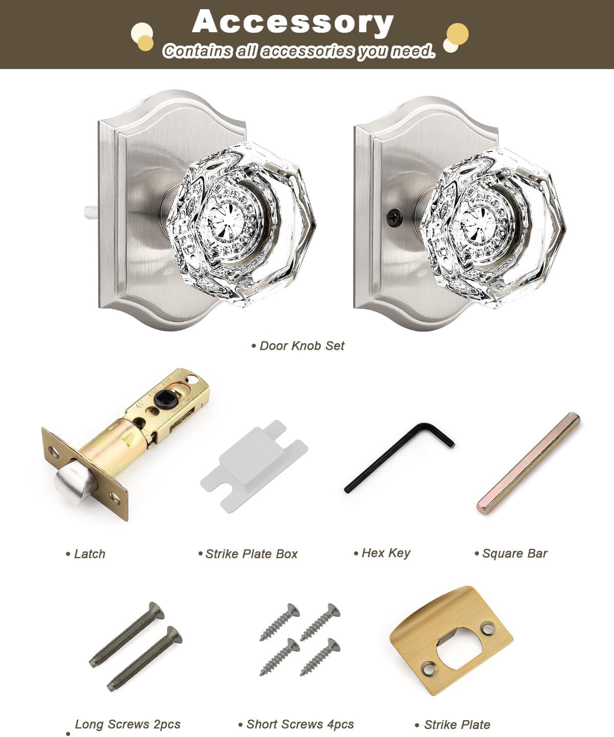 --2 Pack Clear Crystal Door Knobs,Diamond Glass Passage Door Handle Knob for Closet Hallway,Antique Keyless Interior Door Locks with Satin Nickel Rosette