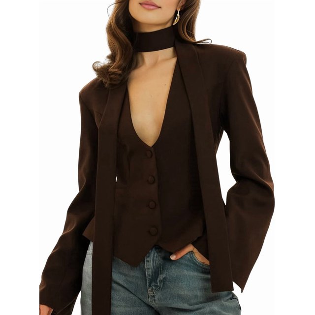 Chaqueta de Traje de Larga para Mujer, Color Liso, Cuello en V, Corte Entallado y Hombreras Marrón M